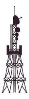 Silhouette of a telecommunication tower with multiple satellite dishes and antennas, transmitting data wirelessly, ensuring communication coverage over a wide area vector
