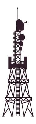 Silhouette of a telecommunication tower with multiple satellite dishes and antennas, transmitting data wirelessly, ensuring communication coverage over a wide area
