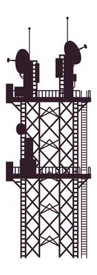 Silhouette of a telecommunication tower featuring satellite dishes, antennas, and a ladder, ideal for representing concepts related to communication, broadcasting, and technology