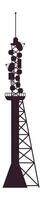 Silhouette of a telecommunication tower with multiple antennas and satellite dishes is broadcasting a signal, ensuring seamless connectivity and data transmission vector