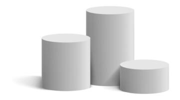 Three white cylindrical podiums of different heights casting shadows are arranged on a white background, creating a winners' stand for a competition or award ceremony vector
