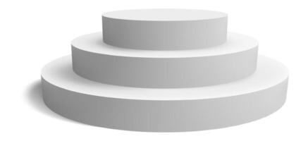 White round podium featuring three steps of decreasing size, casting soft shadows on a bright white background, creating an ideal setting for product placement and display vector