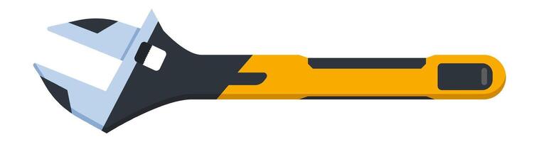 Modern adjustable wrench with ergonomic yellow and black handle lying horizontally isolated on white background, useful tool for plumbers and mechanics vector