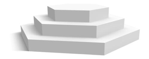 Three white hexagonal podiums stacked on top of each other, creating a pyramid shape and casting a subtle shadow on a white background, ideal for showcasing products or concepts vector