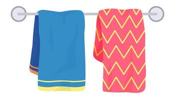 Clean blue and patterned pink towels hanging on a metallic rack, ready for use after refreshing showers or relaxing baths, add a touch of comfort and hygiene to any bathroom setting vector