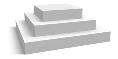 Three white steps of varying sizes creating a pyramid shape on a clean white background, casting soft shadows that enhance the minimalist and modern design vector