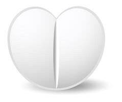 Heart shaped pill splitting in two symmetrical halves casting a shadow on white background, representing concepts such as love, health, medicine, and healthcare vector