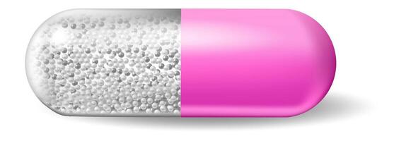 Pink and silver medicine capsule, filled with numerous small white spherical granules, rests on a white background, casting a soft shadow that highlights its detailed design vector