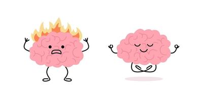 Brain with fire, burnout on stress and happy healthy with meditation yoga relax, cute child character. Intense brain activity from overwork, tension and balance in pose lotus, keep calm. illustration vector