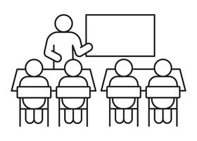 Teacher speech in school class with audience spectator schoolchild, line icon. Speaker leads lesson at blackboard illustration vector