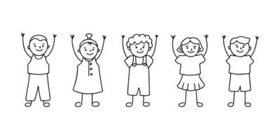 Happy children character with their hands up stand in row, doodle hand drawn line set. Group small people, kindergarten, preschool. linear illustration vector