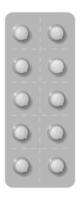 Blister pack containing ten round white pills arranged in two rows of five, encased in a sealed gray plastic packaging, designed for individual dispensing and safe storage of medication vector