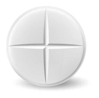 White round medical pill featuring cross separating lines, casting a subtle shadow on a bright white background, symbolizes healthcare, medicine, and wellness in a clinical setting