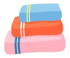 Three vibrant beach towels stacked in a pyramid shape, showcasing colorful stripes and embodying the essence of summer vacations, relaxation, and seaside enjoyment vector