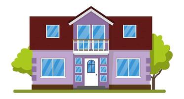 Purple two story detached house with balcony and trees on each side, representing concepts related to real estate, family, investment, and residential living vector