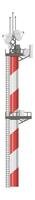 Red and white striped telecommunication tower with multiple satellite dishes, antennas, platforms and a ladder on white background broadcasts a signal vector