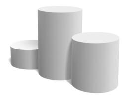 Three empty white cylindrical podiums of different heights standing on a white background representing a winners' platform for celebrating achieving goals vector