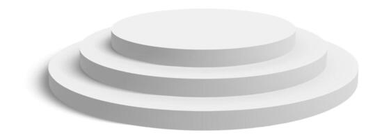 Round white podium with three platforms casting shadow is isolated on white background, perfect for showcasing products or displaying awards vector