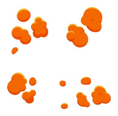 Four different stages of orange dust explosion clouds expanding on a white background, creating a dynamic visual effect representing energy, impact, and transformation