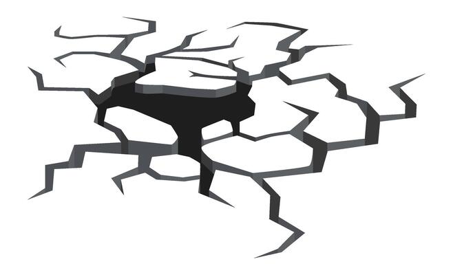 Cracked surface revealing a hole, breaking apart and fracturing, symbolizing themes of destruction, damage, and vulnerability while showcasing the impact of stress and pressure
