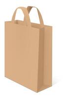 Realistic brown paper shopping bag standing on a white background, casting a subtle shadow, suggesting eco friendly packaging and retail concepts vector