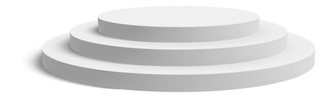 Three tiered round white podium casting a shadow on a white background, ideal for product presentations, awards ceremonies, or other displays vector