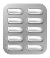Blister pack containing ten white capsule shaped pills, lying on a gray background with a checkered pattern, provides a sterile and organized presentation of medication vector