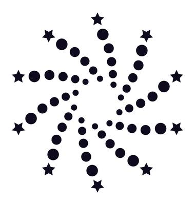 Circular geometric pattern creating an abstract star shape with dots and small stars, representing concepts like connection, network, and celebration