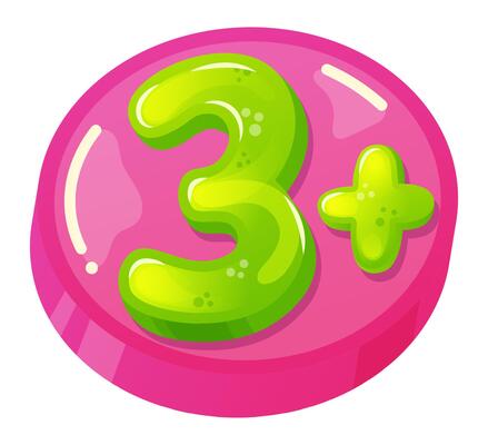 Green 3 plus symbol is displayed on a vibrant pink circular button, indicating content appropriate for individuals older than three years, often used for toys, games, and media