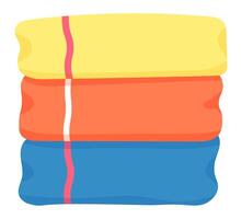 Three colorful towels stacked neatly create a visually appealing arrangement, evoking a sense of relaxation and tranquility, perfect for a spa or serene home environment vector