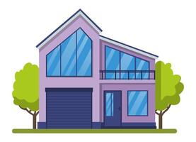 Modern suburban house with garage and balcony featuring large windows and trees is bathed in sunlight, providing a comfortable and stylish living space vector