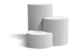 Three white cylinders of varying heights and widths forming a winners podium, casting shadows on a white background, ideal for representing success and achievement vector