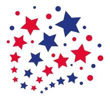 Red and blue five pointed stars of various sizes combined with red and blue dots of various sizes are rotating, creating a spiral shape on a clean white background vector
