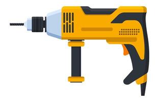 Powerful rotary hammer drill with a bit for drilling and chiseling concrete and brick walls is a professional tool for construction and repair work vector