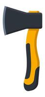 Modern axe with ergonomic yellow handle and sharp blade, ideal for cutting firewood and performing various tasks in forestry, gardening and survival situations vector