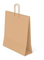 Realistic brown paper shopping bag standing on white background, casting a subtle shadow, ready for purchases, symbolizing consumerism, retail, and eco friendly packaging vector