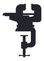 Simple, solid black silhouette icon of a bench vise clamping a metal rod, isolated on a white background, representing craftsmanship, metalworking, and the tools of a mechanic or handyman vector