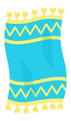 Cartoon illustration featuring a light blue magic carpet floating gracefully with vibrant yellow fringes and decorative elements, set against a clean white background