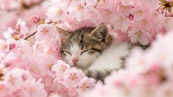 Sleeping Kitten Surrounded by Pink Blossoms photo