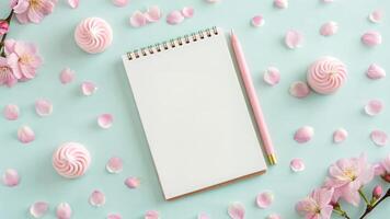 Notebook with Pink Flowers and Meringues photo