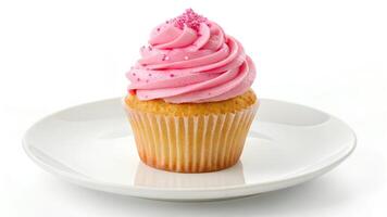 Pink Cupcake with Sprinkles on White Plate photo