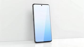 Smartphone Leaning on Wall with Blank Screen Display for Mockup photo