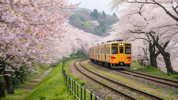 Train Moving Through Blossoming Cherry Trees on Railway photo