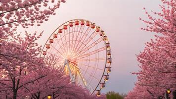 Viewing Ferris Wheel Between Pink Blossom Trees at Dusk photo