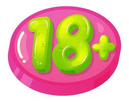 Glossy green 18 plus symbol is displayed on a vibrant pink circular button, serving as a visual indicator of age appropriateness and content restriction vector