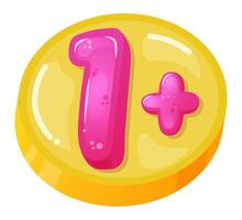 Glossy pink one plus symbol on a round yellow background representing educational games for toddlers and preschoolers, promoting learning and fun vector