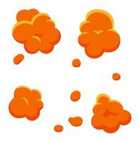 Four vibrant orange dust clouds exploding, creating a stunning visual effect with dynamic particles expanding against a clean white background, delivering a powerful and energetic design element vector