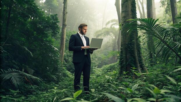 Man Using Laptop in Lush Green Forest Environment photo