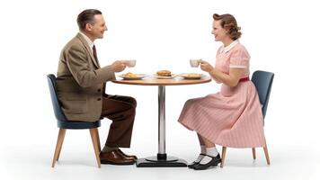 Couple Having Meal and Coffee at Table Smiling at Each Other photo
