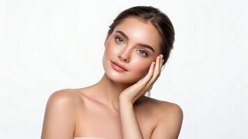 Woman Touching Face with Serene Expression on Light Background photo